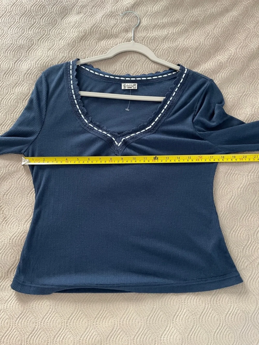 Free People Only You Long-Sleeve Navy only Ribbed Lace-Trim Top size